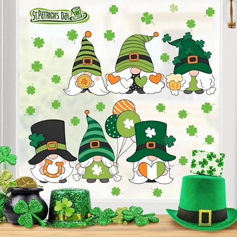 St. Patrick's Day Gnome Window Clings Green Shamrock Static PVC Decals For Glass Window Decoration Holiday Party Home Decor