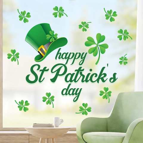 St. Patrick's Day Fensterbilder Grüne Kleeblätter Irischer Hut Statische Aufkleber Für Haus Glas Festliche Dekoration