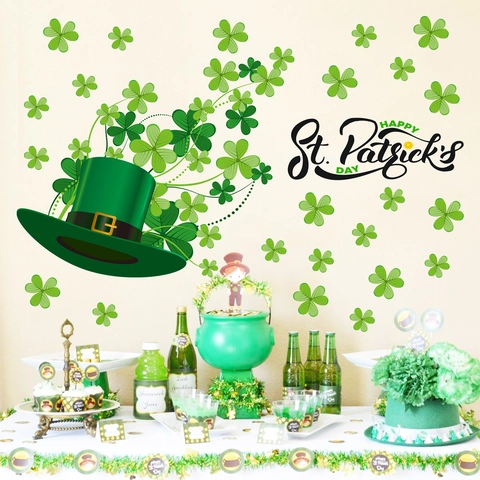 St. Patrick's Day Wandaufkleber Grüne Kleeblätter Shamrock Zylinder Happy St. Patrick's Day DIY PVC Festliche Dekoration