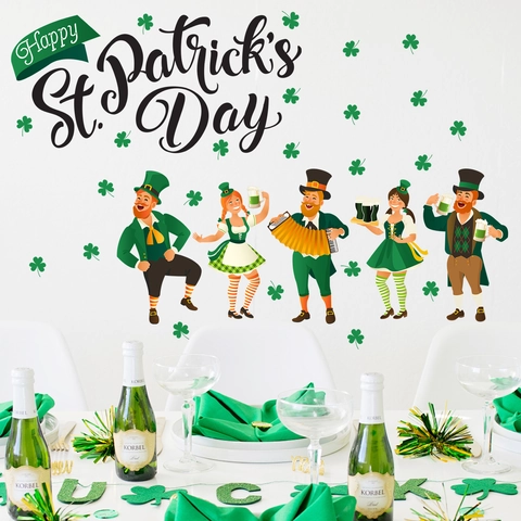 Set di Adesivi da Parete per San Patrizio in PVC Autoadesivi Leprechaun Trifoglio per Camera da Letto Soggiorno Casa