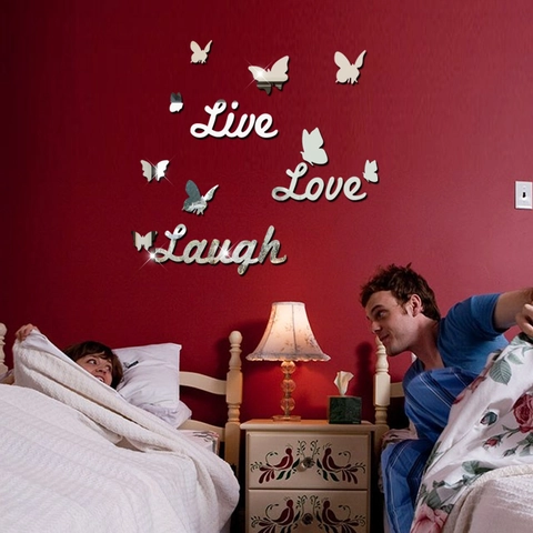 Adesivo da Parete Specchio in Acrilico Live Love Laugh Farfalle 3D Rimovibile Fai da Te per Decorazione Parete Camera Letto