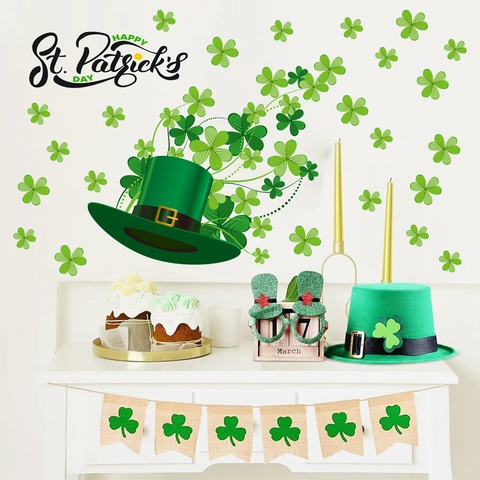 St. Patrick's Day Wandaufkleber Grüne Kleeblätter Shamrock Zylinder Happy St. Patrick's Day DIY PVC Festliche Dekoration