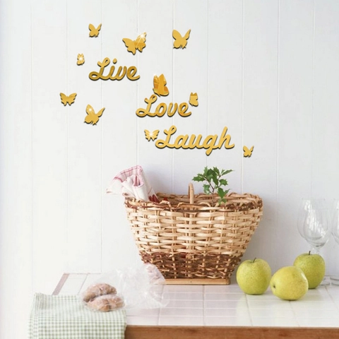 Adesivo da Parete Specchio in Acrilico Live Love Laugh Farfalle 3D Rimovibile Fai da Te per Decorazione Parete Camera Letto