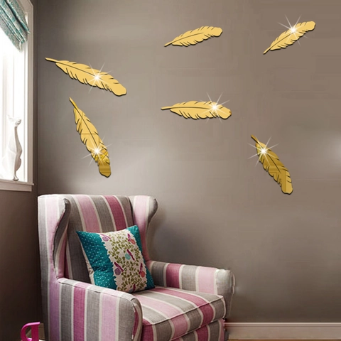 3D Plume Acrylique Miroir Sticker Mural Moderne Amovible Auto-Adhésif Décalcomanie Murale pour Salon Chambre Décoration Murale