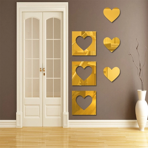 Pegatina de Pared 3D de Acrílico Forma de Corazón Efecto Espejo Combinación Decoración Moderna para Sala de Estar