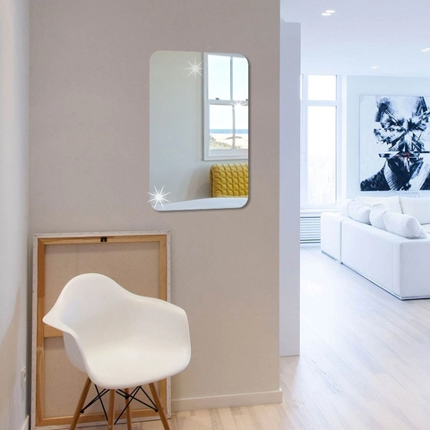 Autocollant Mural Miroir en Acrylique Moderne Rectangle Arrondi Décalcomanie Miroir Auto-adhésive pour Décoration Maison