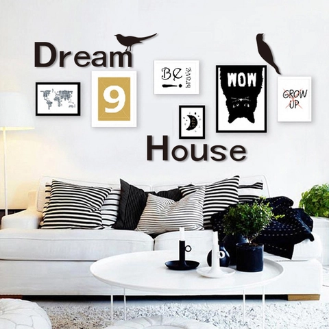 Pegatina de Pared Espejo Acrílico 3D Dream House Letras Con Silueta de Pájaros DIY Autoadhesiva Para Decoración de Salón