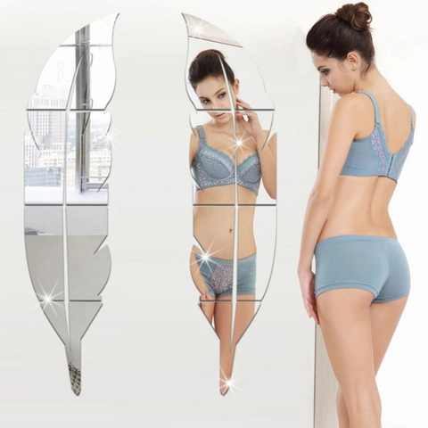 Pegatina de Pared de Espejo de Acrílico 3D con Forma de Pluma Moderno Removible Autoadhesivo para Decoración de Sala y Dormitorio
