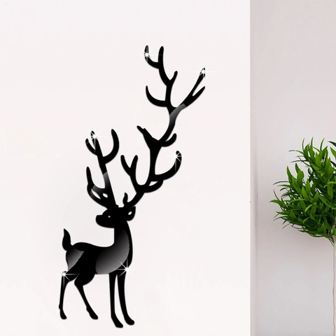 Pegatina de Pared de Alce de Espejo de Acrílico Moderno Calcomanía de Silueta de Reno 3D para Fondo de TV Sala de Estar Dormitorio Navidad