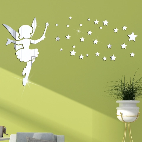 Pegatinas de Pared de Espejo 3D de Acrílico con Hada Varita Mágica y Estrella Calcomanías Reflectantes para Habitación Infantil Salón