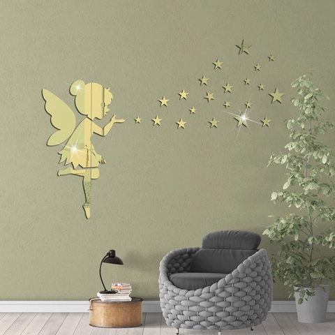 Sticker Mural Miroir Fée Soufflant Des Étoiles En Acrylique Surface Cristal 3D Autocollant Pour Salon Décoration Maison