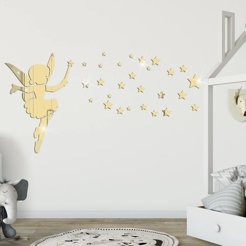 Pegatinas de Pared de Espejo 3D de Acrílico con Hada Varita Mágica y Estrella Calcomanías Reflectantes para Habitación Infantil Salón