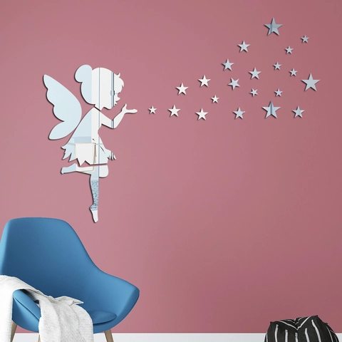 Sticker Mural Miroir Fée Soufflant Des Étoiles En Acrylique Surface Cristal 3D Autocollant Pour Salon Décoration Maison