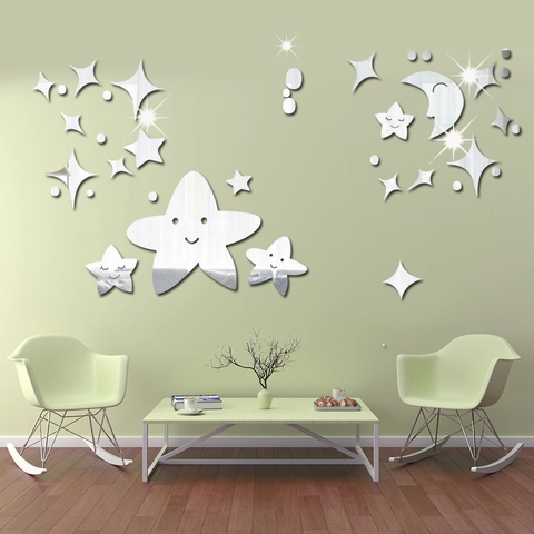 Pegatinas de Pared de Espejo de Acrílico de Estrellas Y Luna 3D Calcomanía Removible para Sala de Estar Dormitorio Decoración del Hogar