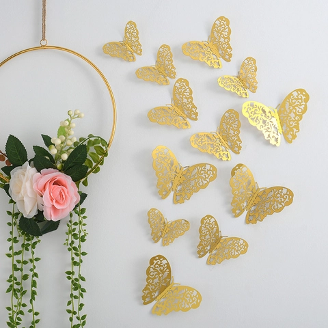 3D Hollow Metallic Butterfly Wall Stickers Removable Aesthetic Art Decals For Home Living Room Wedding Party Decorations