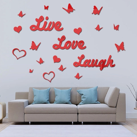 Adesivi Murali in Acrilico a Specchio 3D Live Love Laugh Scritte in Inglese Con Farfalle e Cuori Decorazione Casa Moderna