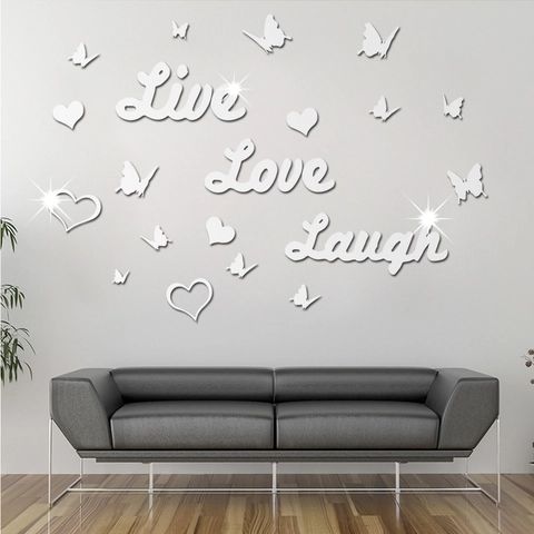 Adesivi Murali in Acrilico a Specchio 3D Live Love Laugh Scritte in Inglese Con Farfalle e Cuori Decorazione Casa Moderna