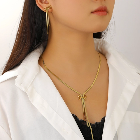 Edelstahl Schleife Halskette Und Ohrringe Schmuck Für Damen Gold Silber Plattiert Schlangenkette Lange Quaste Mode Zubehör