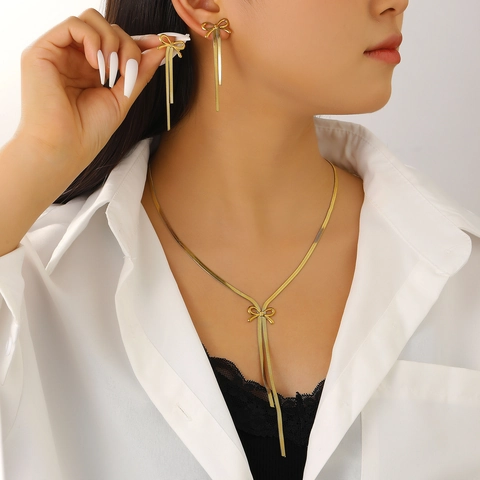 Edelstahl Schleife Halskette Und Ohrringe Schmuck Für Damen Gold Silber Plattiert Schlangenkette Lange Quaste Mode Zubehör