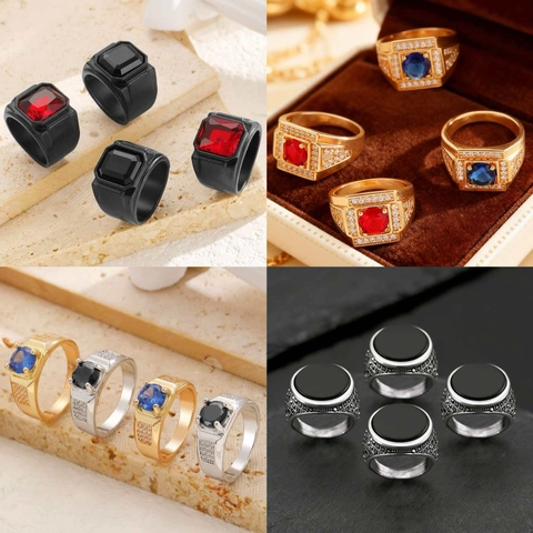 Luxuriöser Herren Kupfer Zirkonia Ring Vintage Quadratischer Runder Edelstein Eingelegter Schmuck Mode Band Ring Für Business Party Geschenk