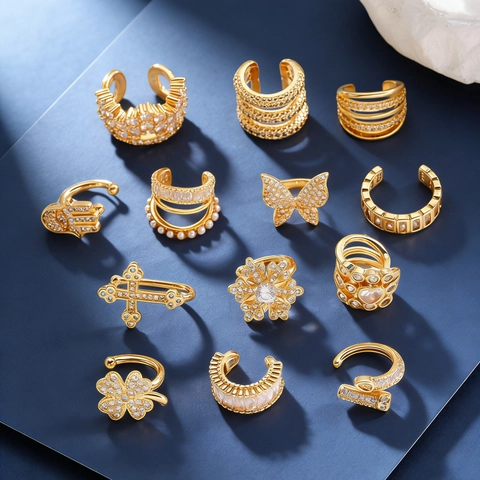 Luxury Copper Zircon Ear Cuffs For Women Non-piercing Gold Plated Geometric Cross Heart Butterfly Snowflake Clip-on Earrings Fashion Jewelry