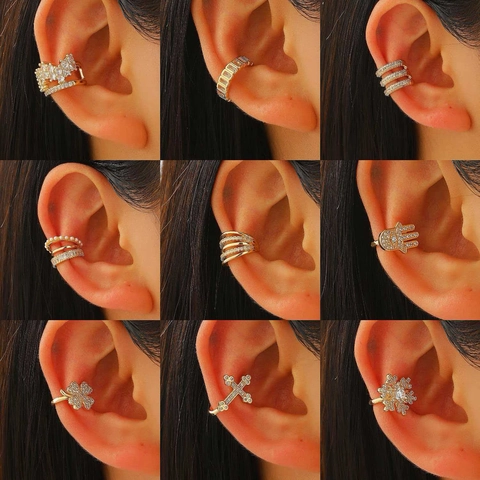 Luxury Copper Zircon Ear Cuffs For Women Non-piercing Gold Plated Geometric Cross Heart Butterfly Snowflake Clip-on Earrings Fashion Jewelry