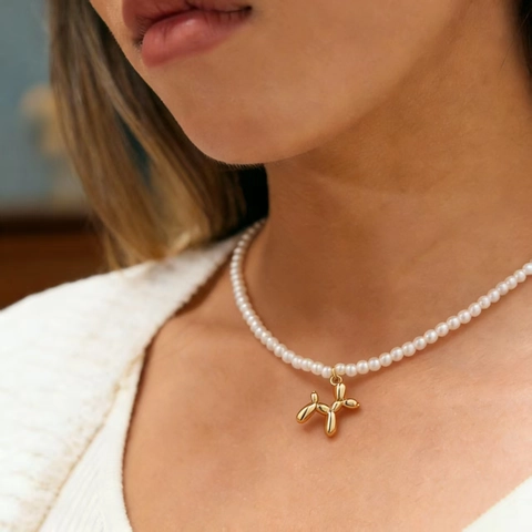 Fashion Alloy Balloon Dog Dachshund Pendant Necklace Cute Animal Rhinestone Bowknot Artificial Pearl Decorative Jewelry For Women Girls Gift