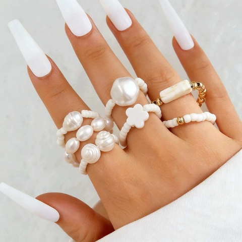 Bohème Vintage Geometrische Türkis Stil Perle Ring Set Damen Ethnisch Unregelmäßig Kreuz Blume Elastisch Perlen Fingerringe Schmuck