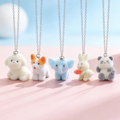 Cute 3D Flocked Animal Pendant Necklace For Women Kids Handmade Resin Panda Rabbit Dog Elephant Clavicle Chain Jewelry