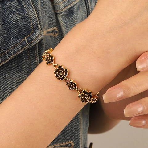 Pulsera de Flores de Rosa Vintage Para Mujer Estilo Lujo Ligero Occidental Aleación Floral Pulsera Ajustable Joyería