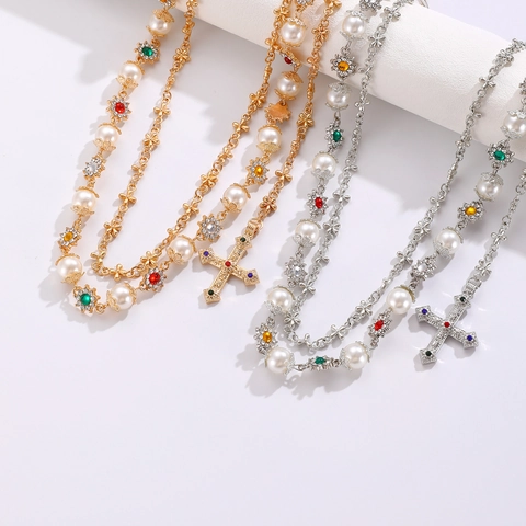 Retro Layered Waist Chain With Faux Artificial Pearls Colorful Rhinestones Cross Pendant Flower Pants Chain For Women Men Fashion Jewelry