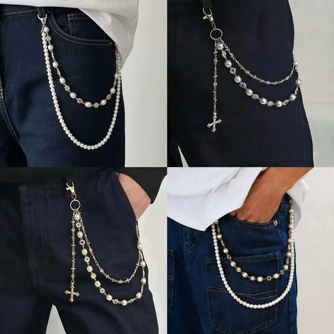 Retro Layered Waist Chain With Faux Artificial Pearls Colorful Rhinestones Cross Pendant Flower Pants Chain For Women Men Fashion Jewelry