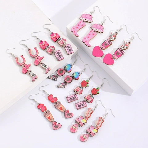 Pink Valentine Wooden Drop Earrings Western Cowboy Boot Hat Heart Coffee Cup Car Calendar Printed Wood Earrings For Women