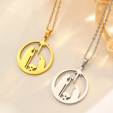 Nativity Scene Hollow Round Pendant Necklace Stainless Steel Bethlehem Star Religious Jewelry For Christmas Women Men Gift