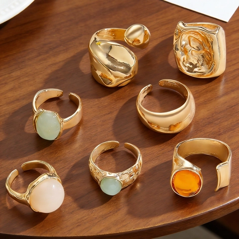French Vintage Gold Alloy Rings For Women Irregular Melted Lava Design Faux Moonstone Inlaid Adjustable Open Finger Rings
