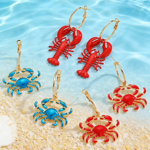 Western Alloy Marine Animal Lobster Crab Hoop Earrings Vacation Beach Red Blue Enamel Drop Earrings Fashion Jewelry For Women