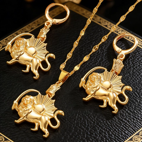 Vintage Löwe Sonne Krone Anhänger Halskette Ohrringe Schmuckset Edelstahl Zinklegierung Punk Royal Vergoldeter Schmuck