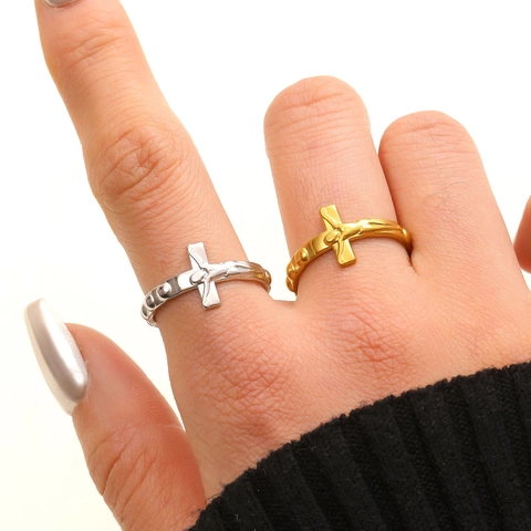 Anillo Abierto de Cruz de Crucifijo de Jesús de Acero Inoxidable 304 Vintage para Hombre Mujer Chapado en Oro Plata Joyas Religiosas