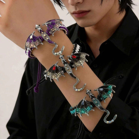 Vintage Dragon Woven Bracelet Punk Gothic Zinc Alloy Rhinestone Enamel Flying Dragon Adjustable Men Jewelry Gift