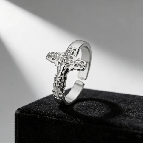 Crucifix Ring 304 Stainless Steel Jesus Christ On The Cross Relief Open Adjustable Band Religious Neutral Jewelry For Men Women