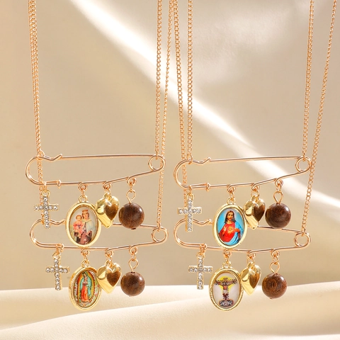 Vintage Gold Alloy Safety Pin Religious Pendant Necklace Brooch Heart Cross Icon Wood Bead Rhinestone Jewelry For Women