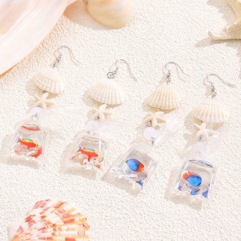 Orecchini Pendenti Creativi Fatti a Mano con Sacchetto di Pesci Tropicali e Conchiglie per Donna Gioielli da Spiaggia