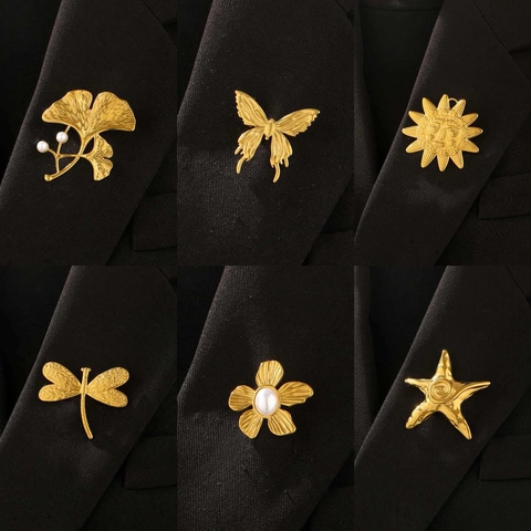 Spilla Vintage in Acciaio Inossidabile Placcato Oro per Donna Elegante Foglia di Ginkgo Stella Marina Farfalla Sole Fiore Cuore Pin Risvolto Gioielli Moda
