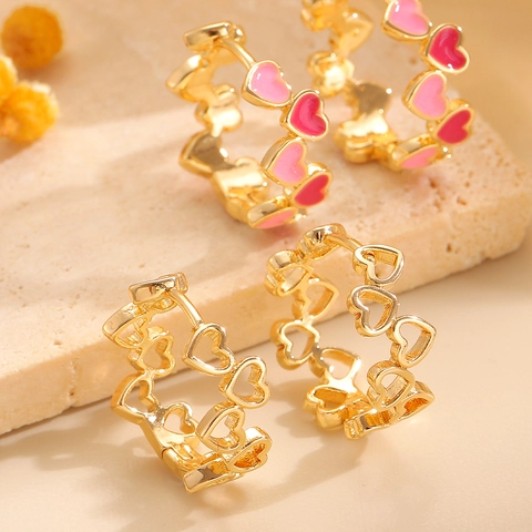 Süße Rosa Emaille Herz Ohrringe Messing Gold Vergoldet Herz Offener Ring Mode Schmuck Für Damen Valentinstag Geschenk