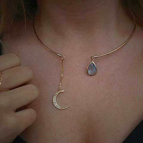 Collier Ras de Cou Femme en Alliage Strass Lune Pendentif Larme Pierre Bleu Clair Plaqué Or Collier Ouvert Bijoux Mode