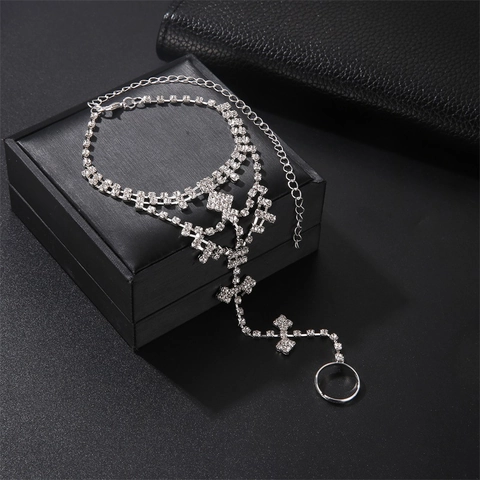 Chaîne de Pied Bohème avec Anneau d'Orteil en Strass pour Femme Alliage Plaqué Argent Cristal Mariage Plage Bijoux de Corps