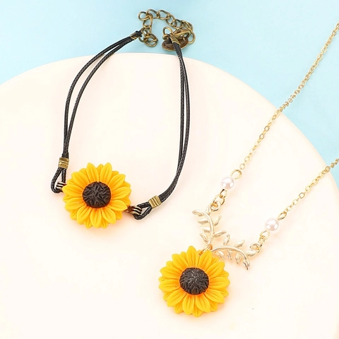 Sunflower Daisy Jewelry Set Alloy Resin Flower Pendant Necklace Bracelet Stud Earrings Retro Pastoral Style Women Jewelry