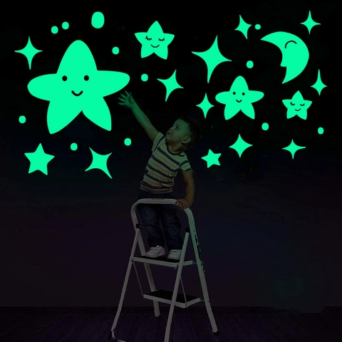 Glow In The Dark Muurstickers Sterren Maan Lachend Gezicht Lichtgevende Plafondstickers Voor Kinderkamer Slaapkamer PVC