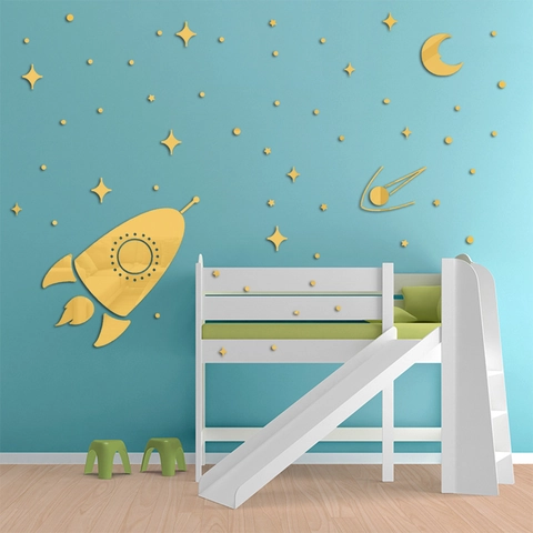 Adesivo da Parete Specchio Acrilico Razzo Spaziale Luna Stella Per Camera Bambini Letto Moderno DIY Specchio 3D Decorativo