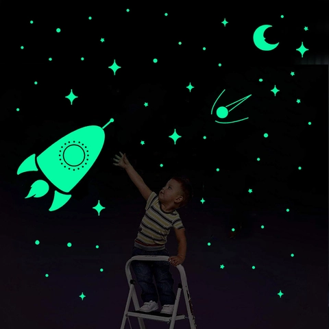 Leuchtend Im Dunkeln Weltraumrakete Stern Mond Wandaufkleber Für Kinderzimmer Schlafzimmer Fluoreszierende PVC Selbstklebende Abziehbilder